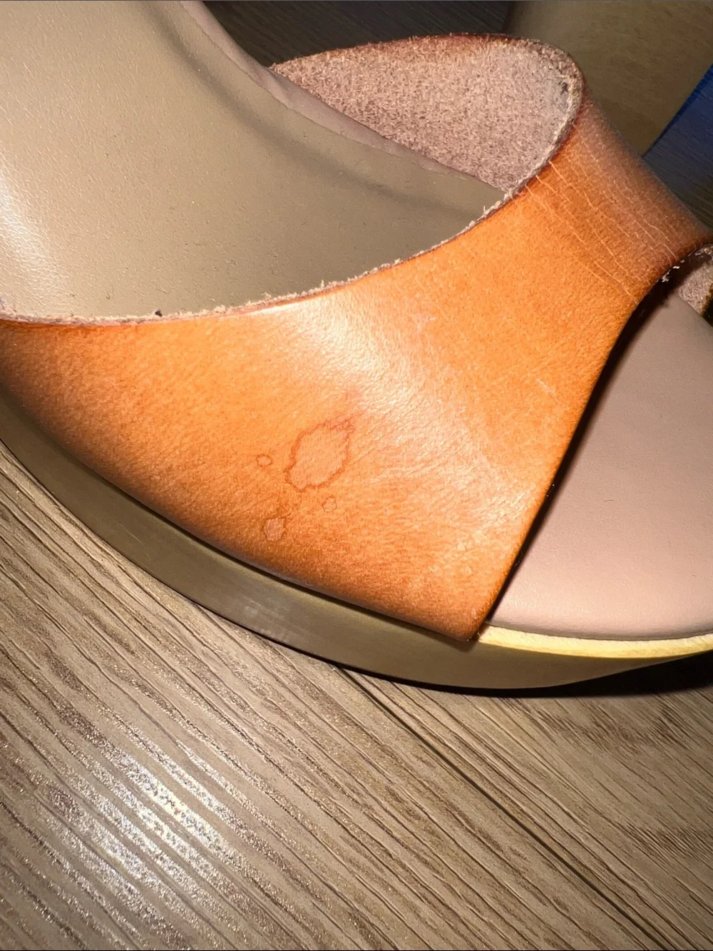 Chinese Laundry Tan Leather Platform Sandal with Wood-Look Heel